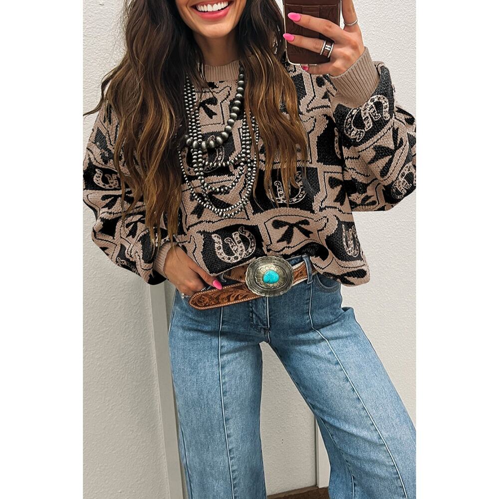 Black Bows & Horseshoes Pattern Western Fashion Print Sweater